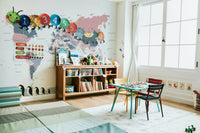 Soft pink wallpaper with bold indigo continents

