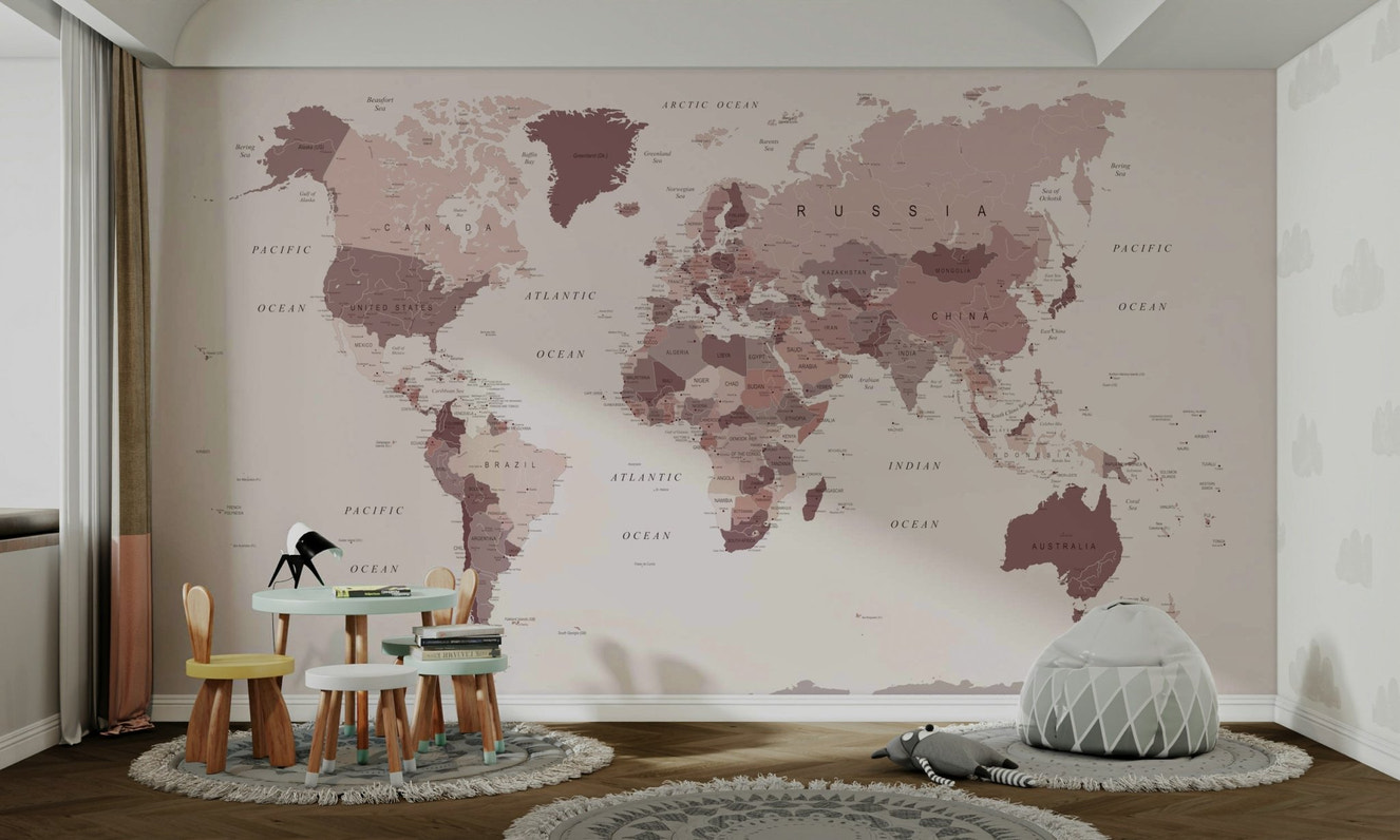Blush pink cranberry world map mural wallpaper

