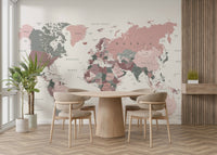 Study wall with pink and green map mural

