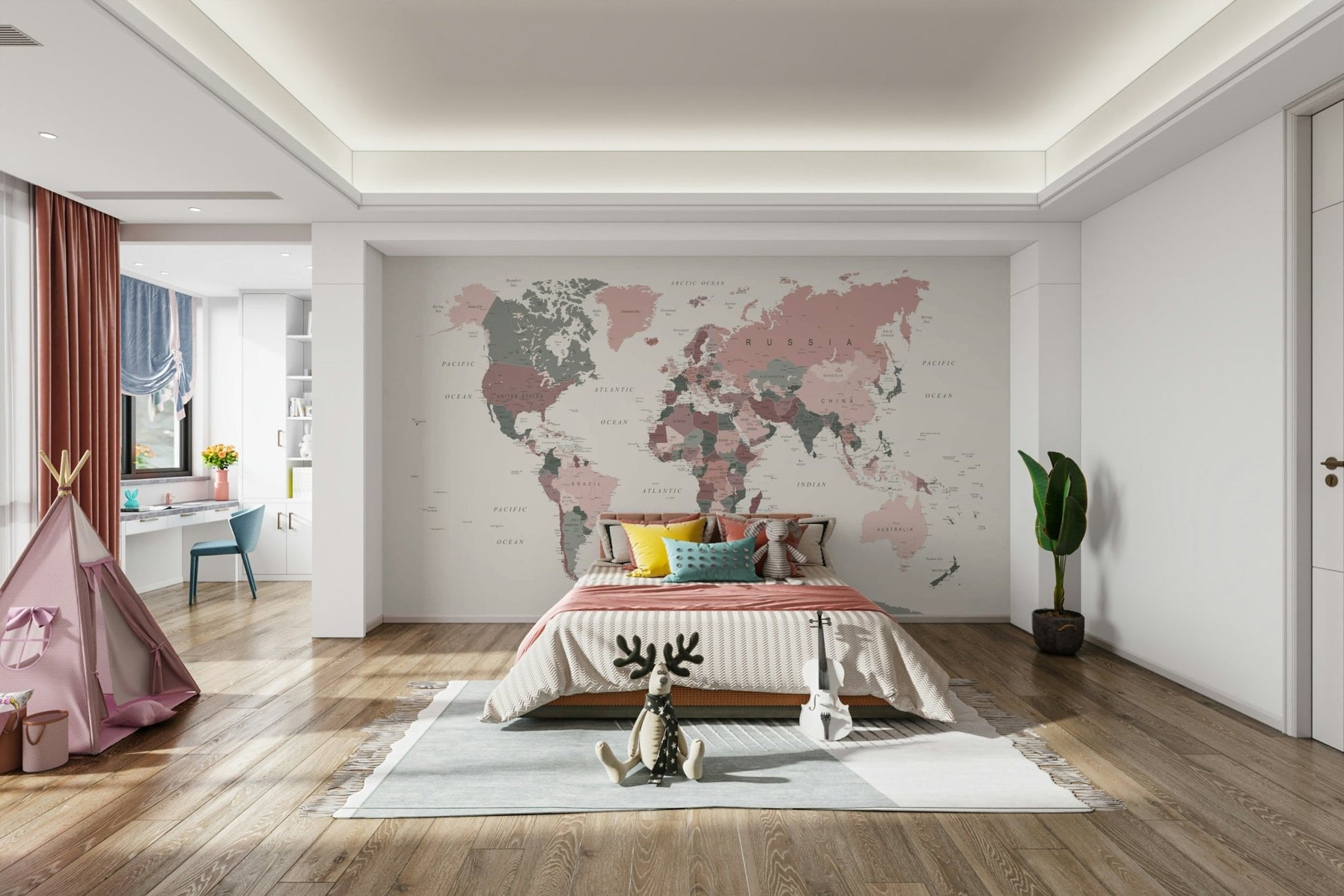 Creative nook with pastel map wallpaper

