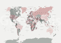 Neutral room with world map wall design

