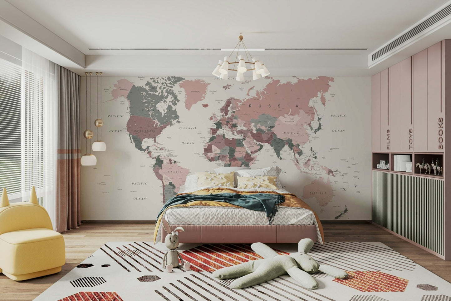 Earth-inspired map mural in blush and sage

