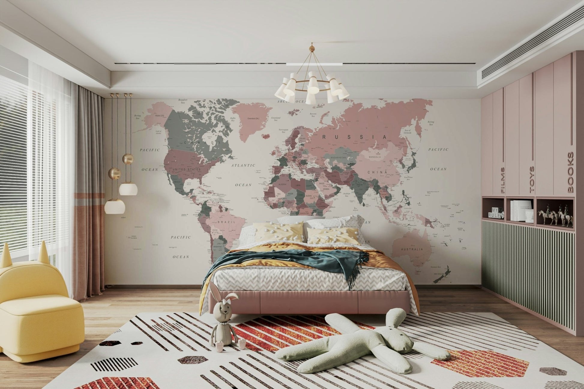 Earth-inspired map mural in blush and sage

