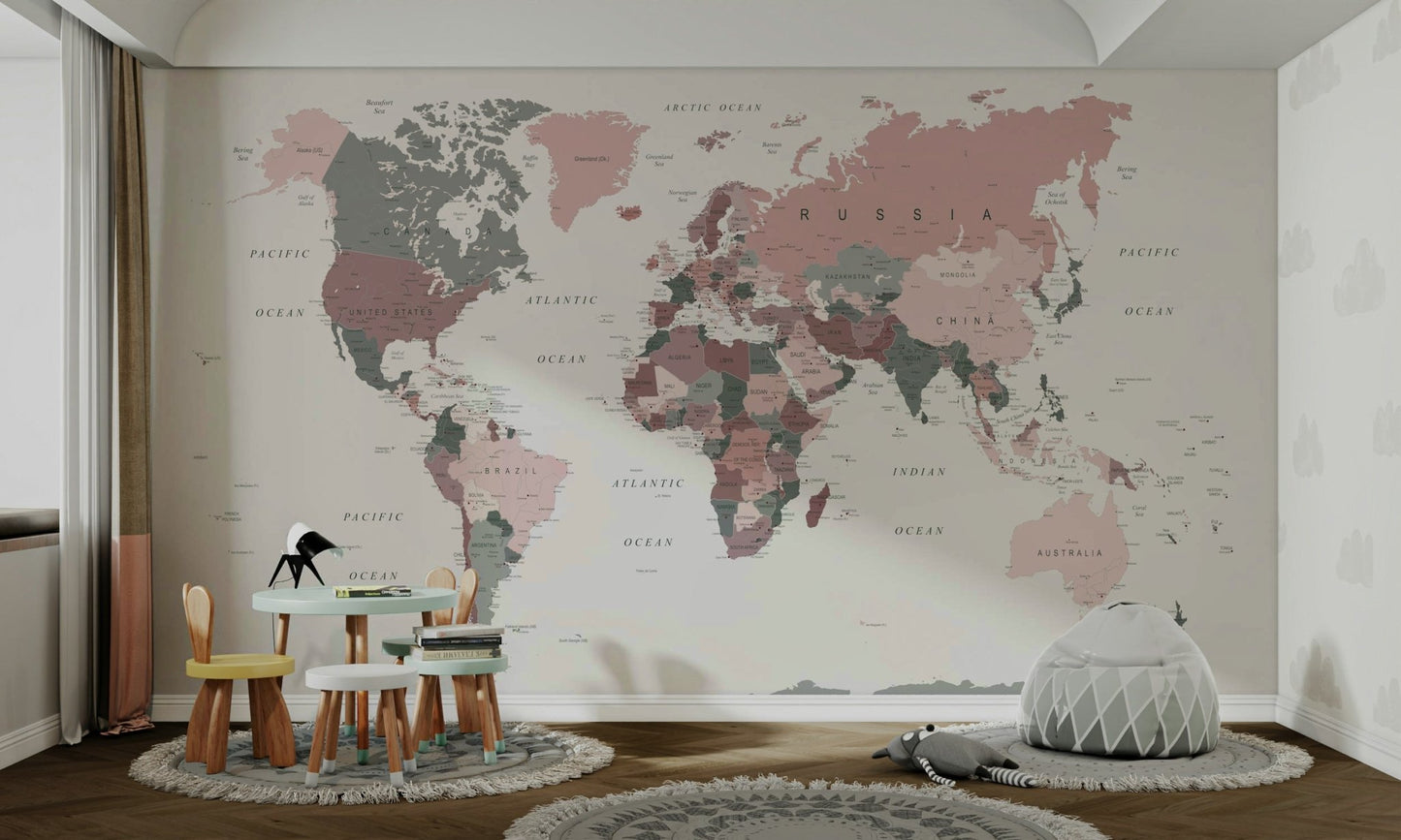Blush and sage green continents on mural

