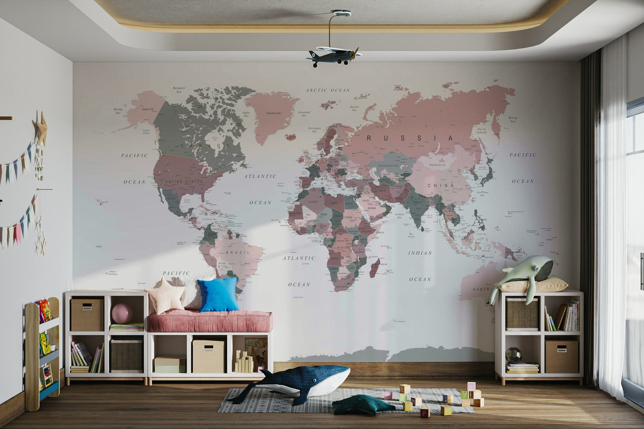 World map mural in blush pink and sage green


