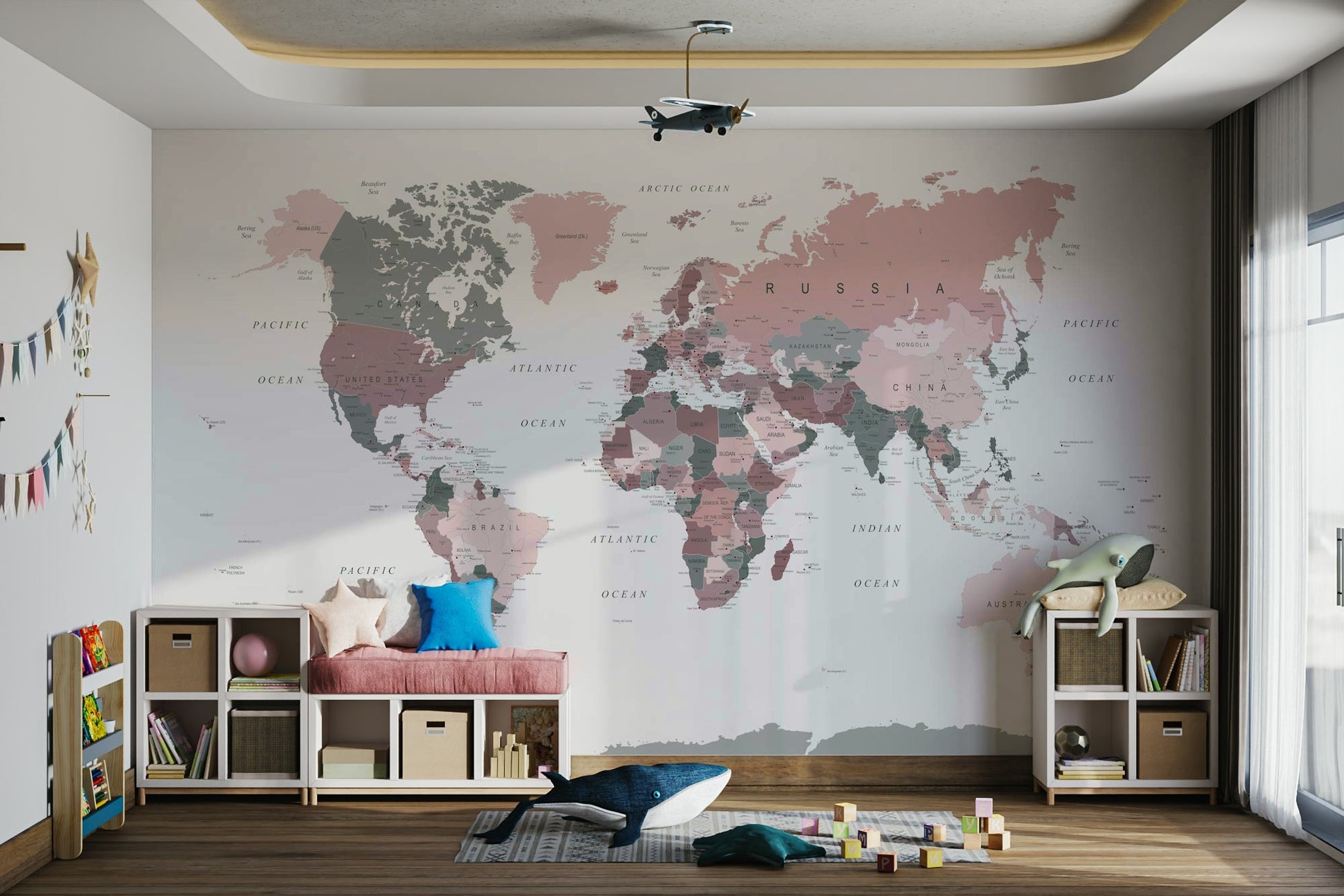 World map mural in blush pink and sage green

