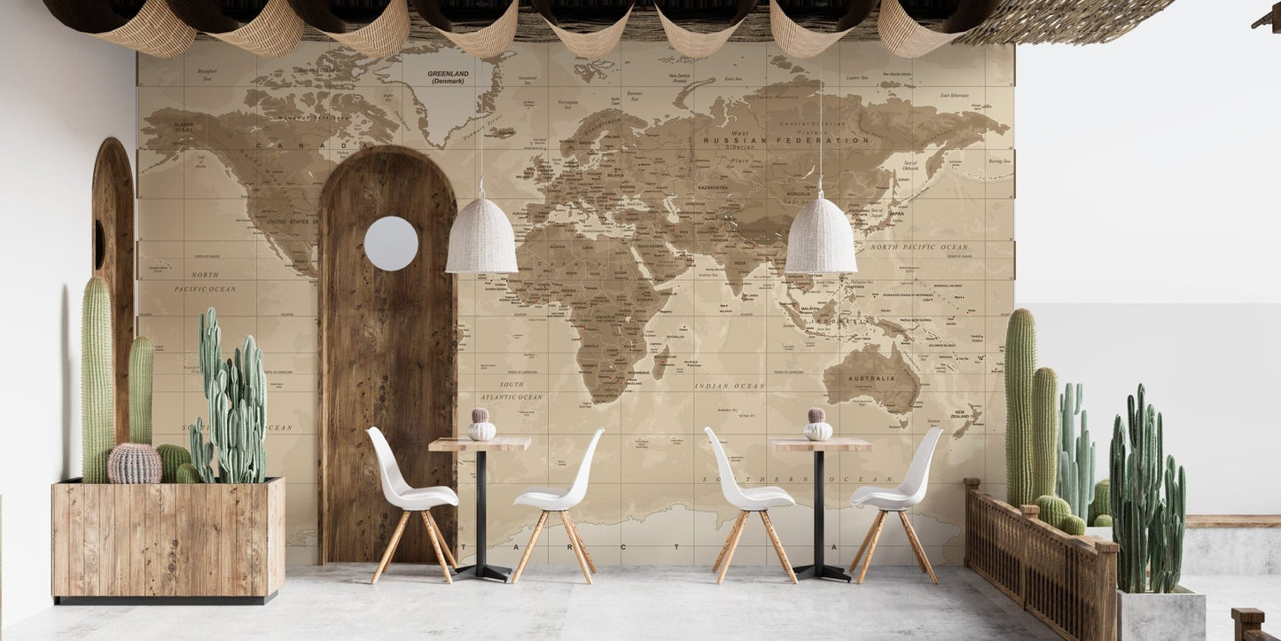 Elegant world map mural in sepia tones
