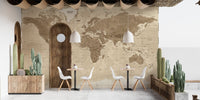 Elegant world map mural in sepia tones
