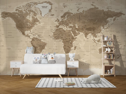 Brown Detailed Worldmap Wall Murals - Giffywalls B108