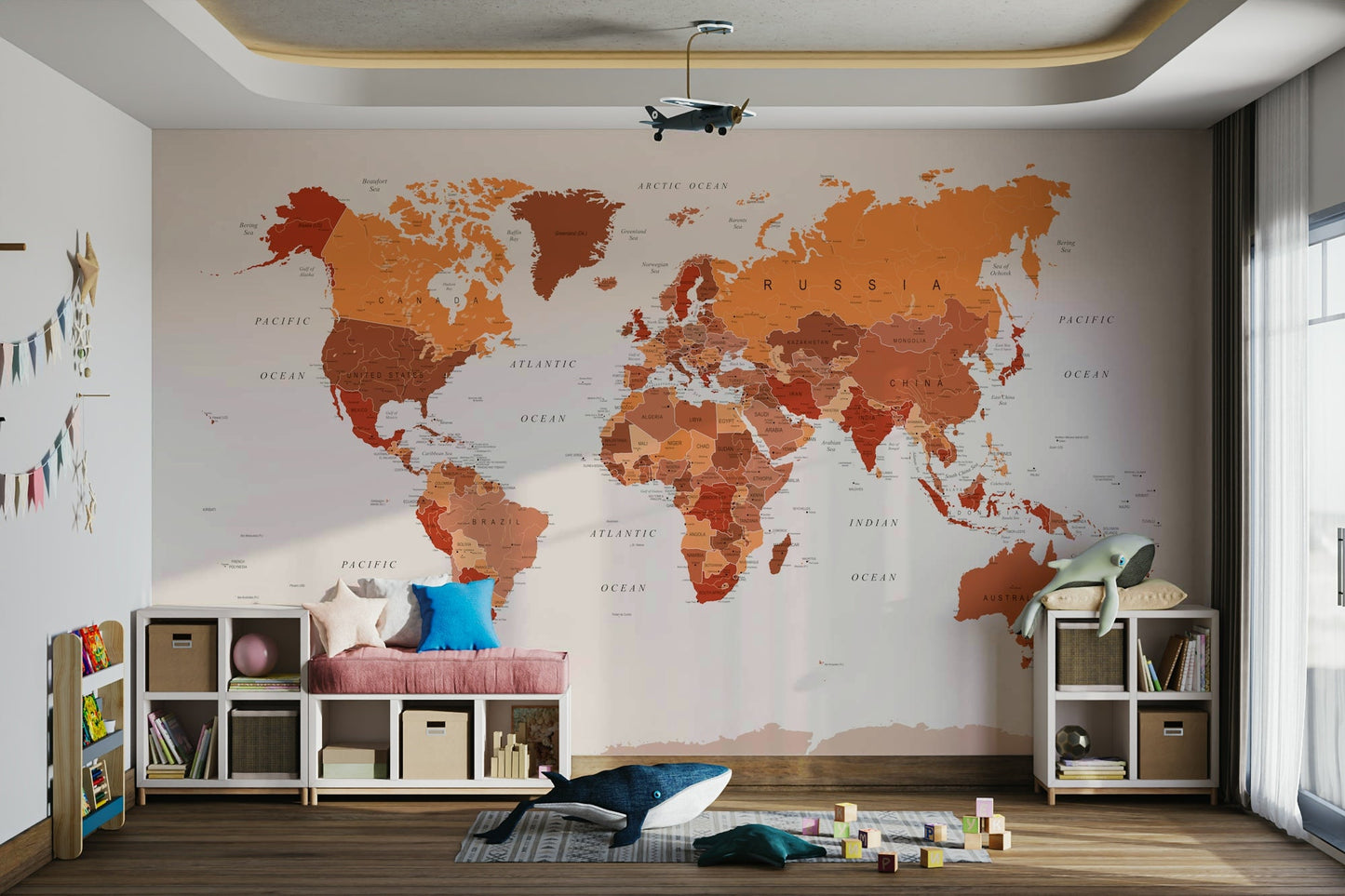 Burnt orange world map mural wallpaper

