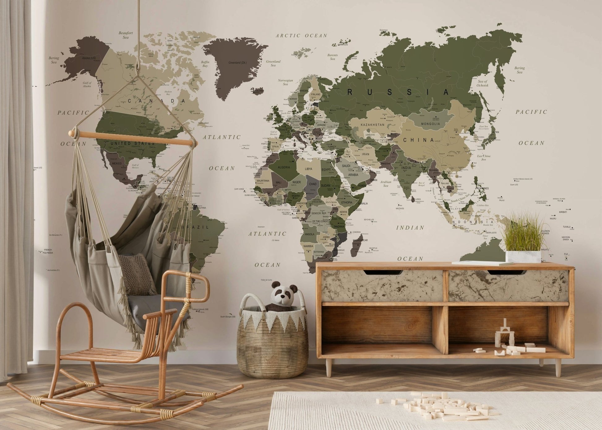 Study wall with world map mural design

