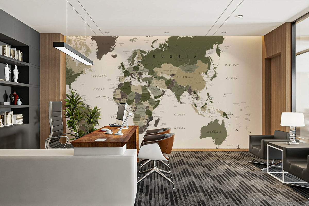 Camouflage green world map mural wallpaper, GD2581