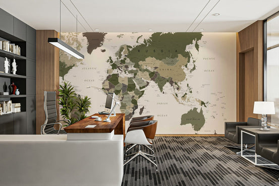 Camouflage green world map mural wallpaper, GD2581