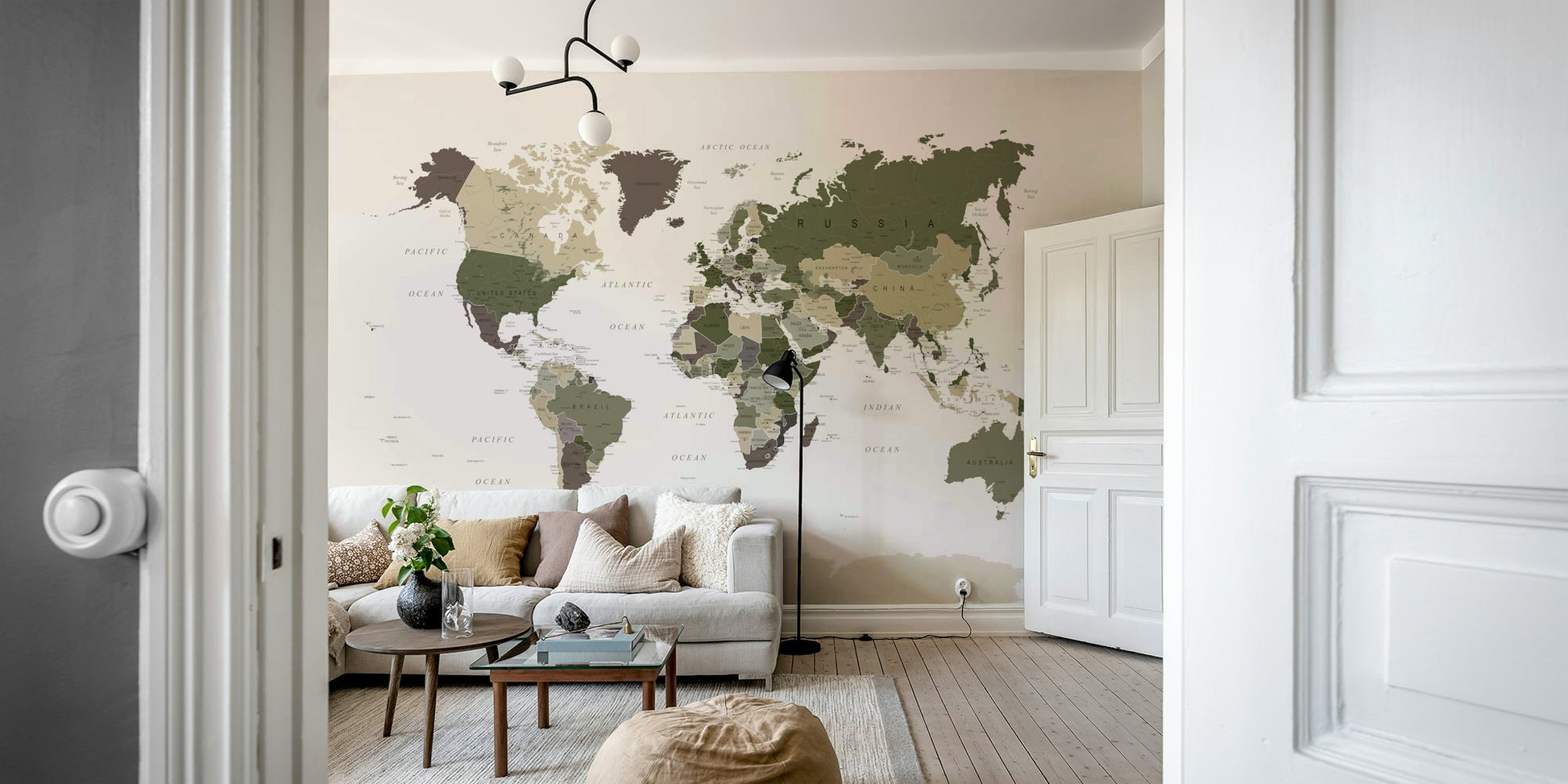 Bold world map wallpaper in green shades

