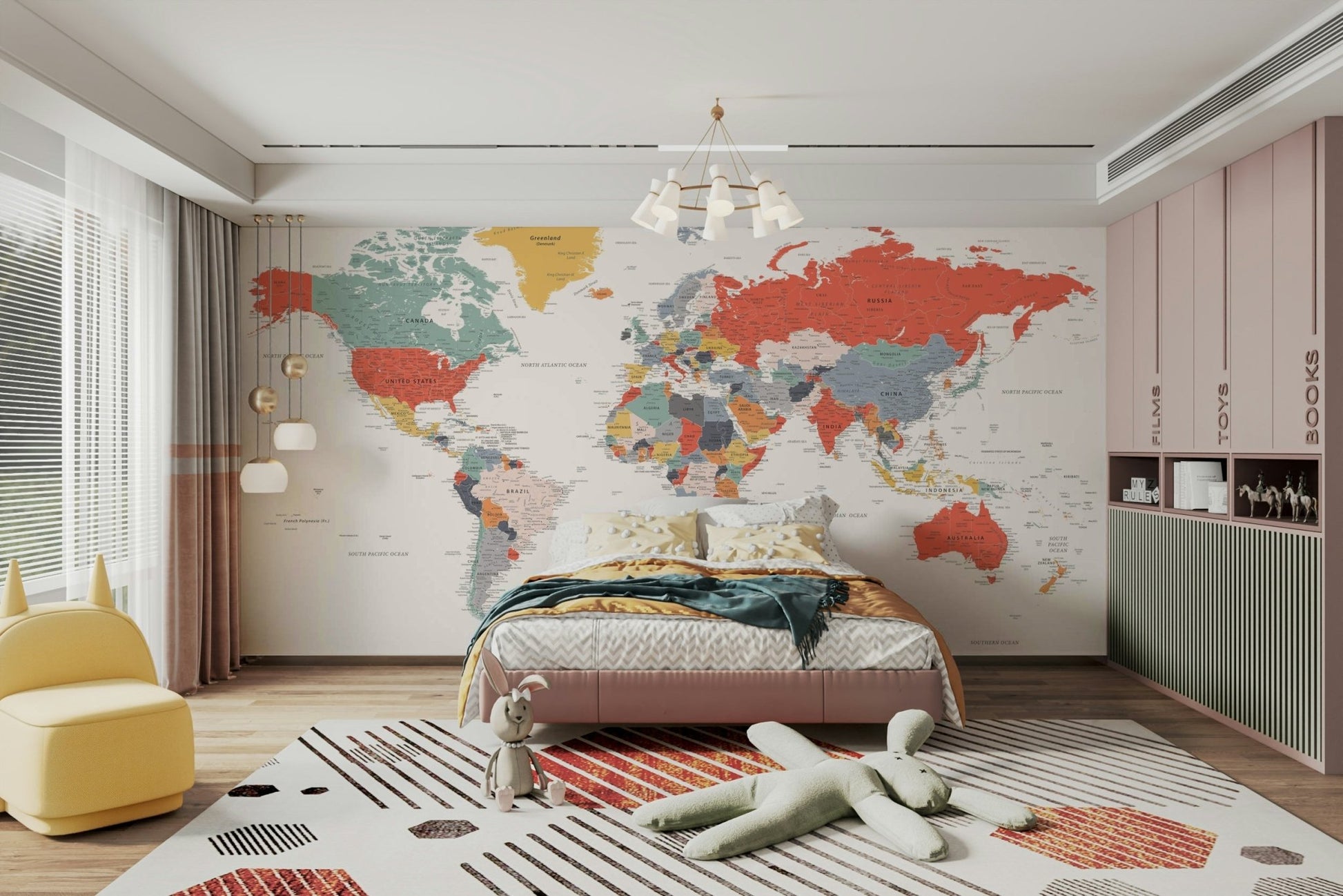 Detailed world map mural for living room