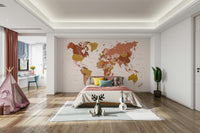 Faded parchment-style wall mural with world continents

