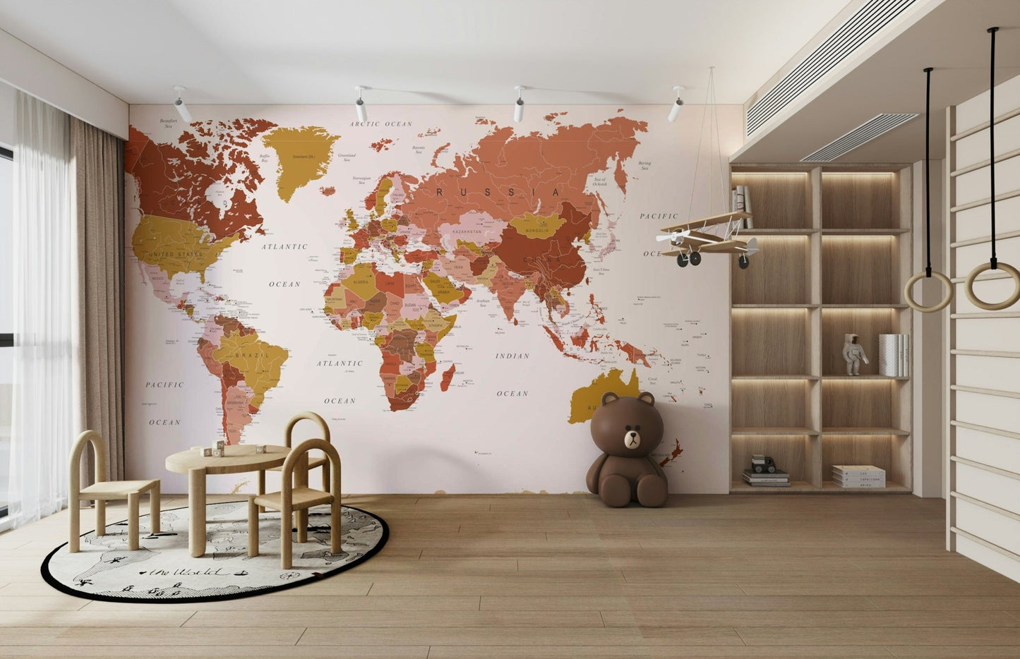 Elegant earth-toned mural showing global geography

