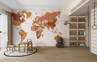 Elegant earth-toned mural showing global geography

