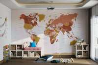 Detailed global map mural in warm earthy colors

