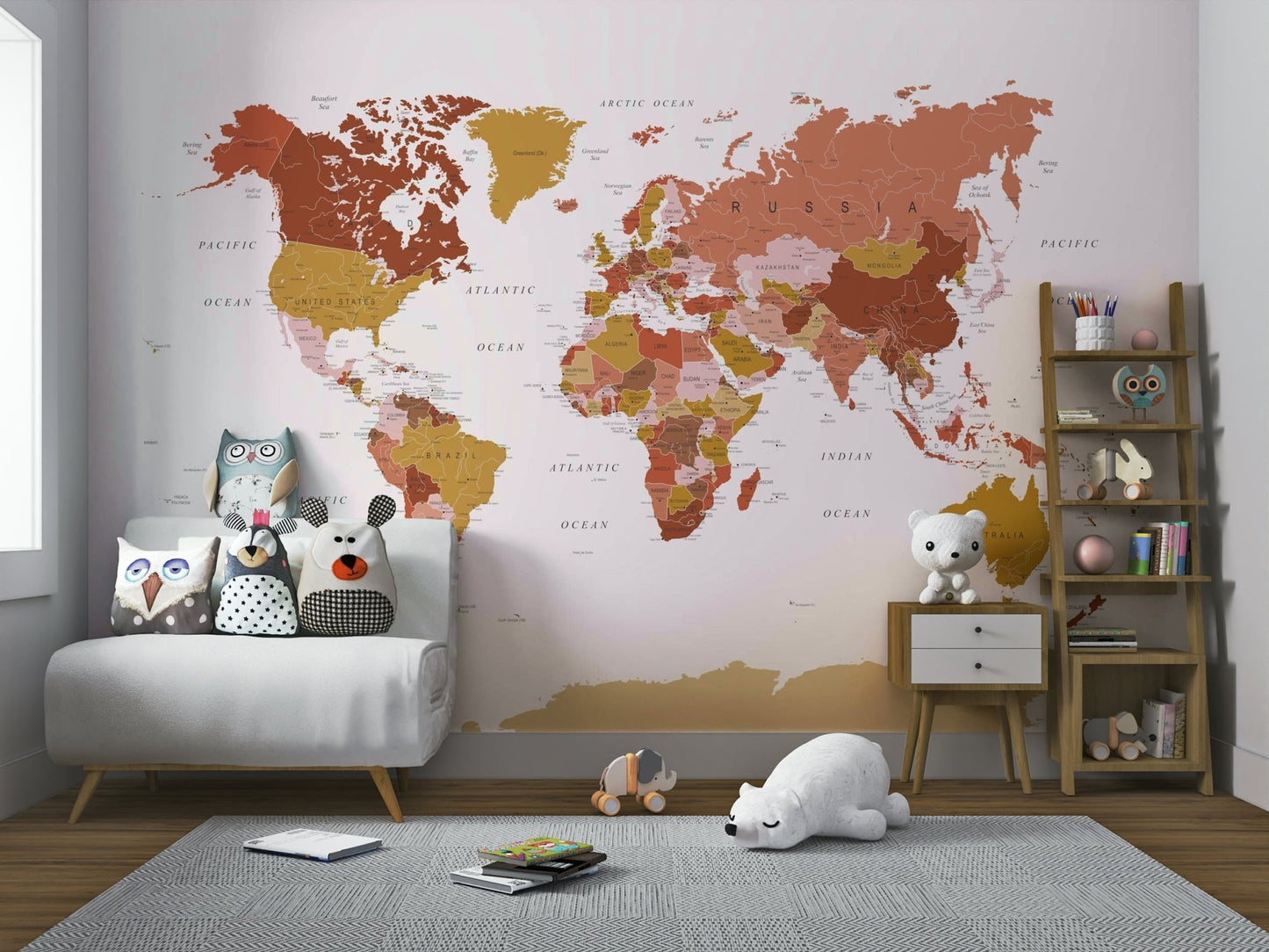World Map mural in beige, sienna, and olive tones


