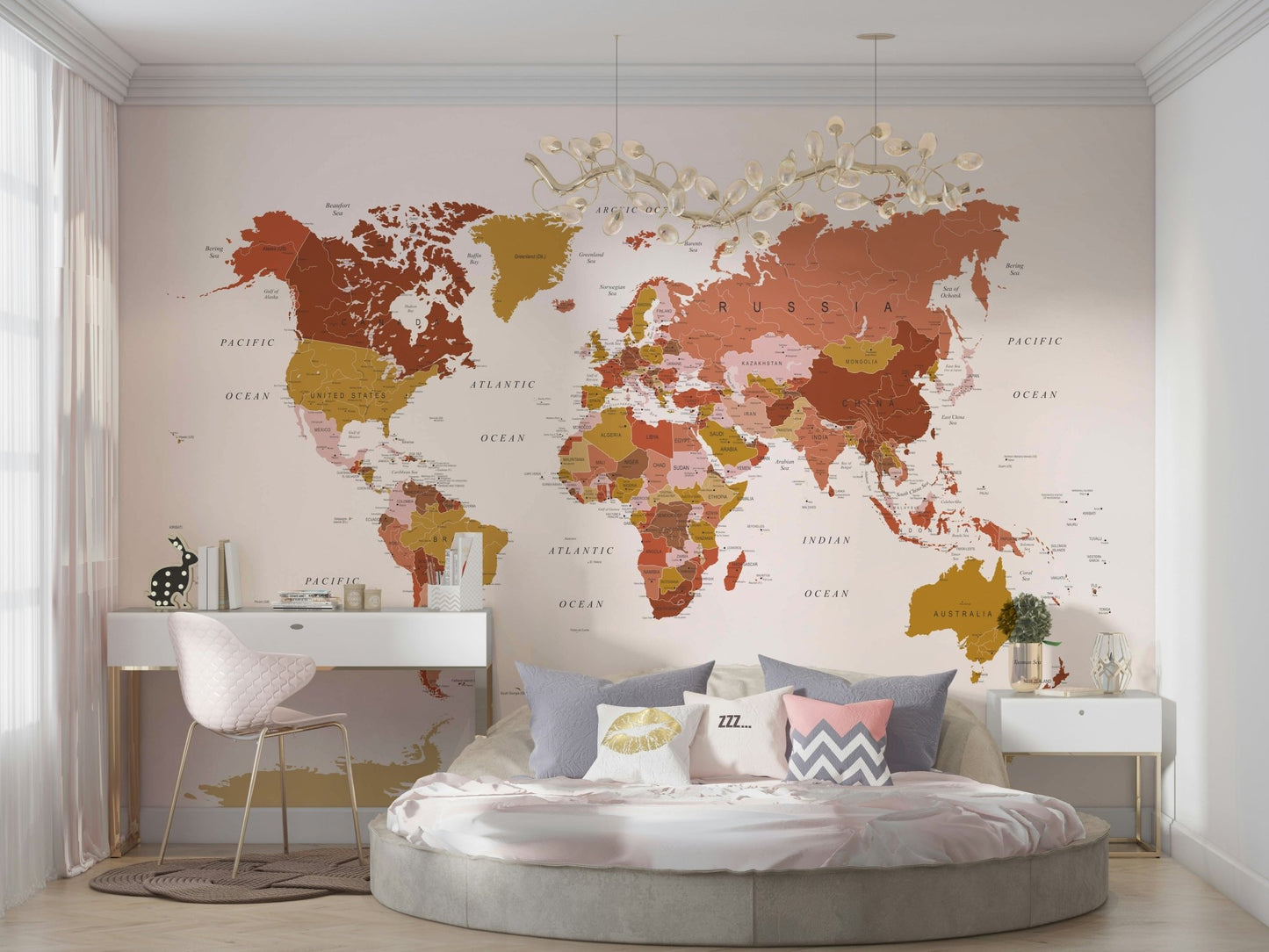 Warm-toned map wallpaper for travel-themed decor

