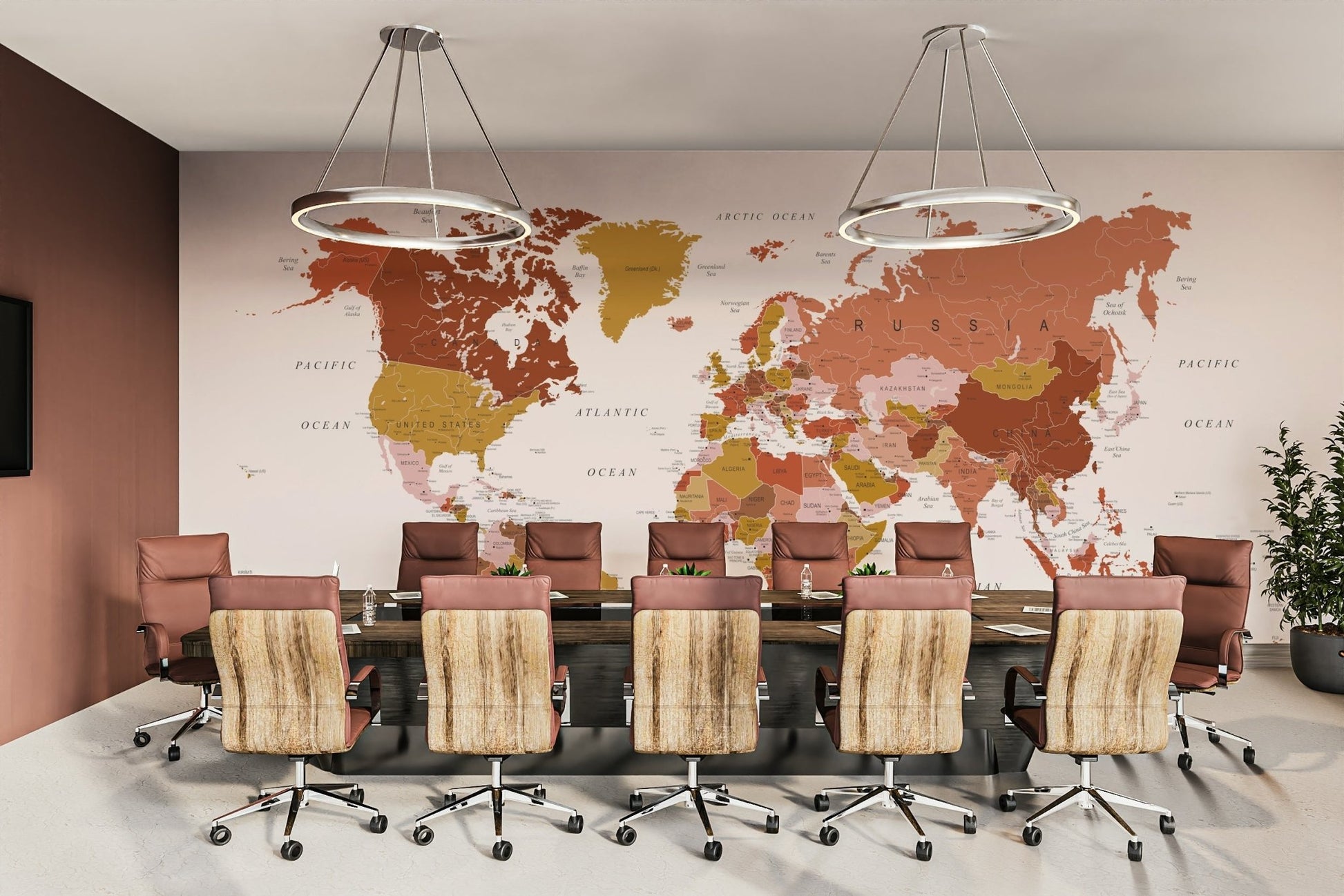Rustic-style mural with classic world map illustration

