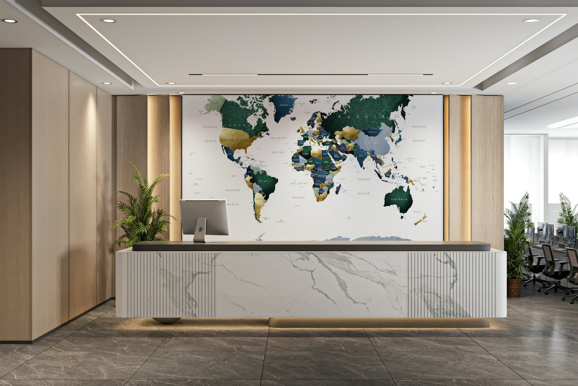 Elegant world map mural with green shades