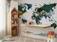 Modern world map green blue wall design