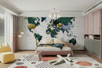 Beautiful world map mural in green and blue

