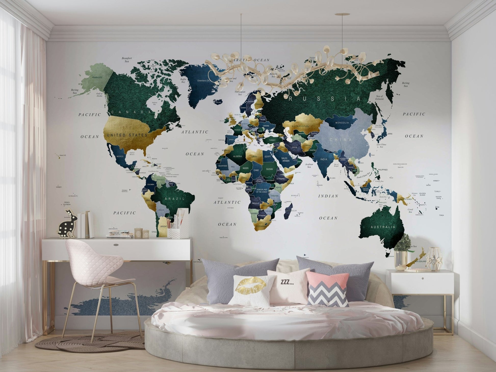 Green blue world map for wall decor

