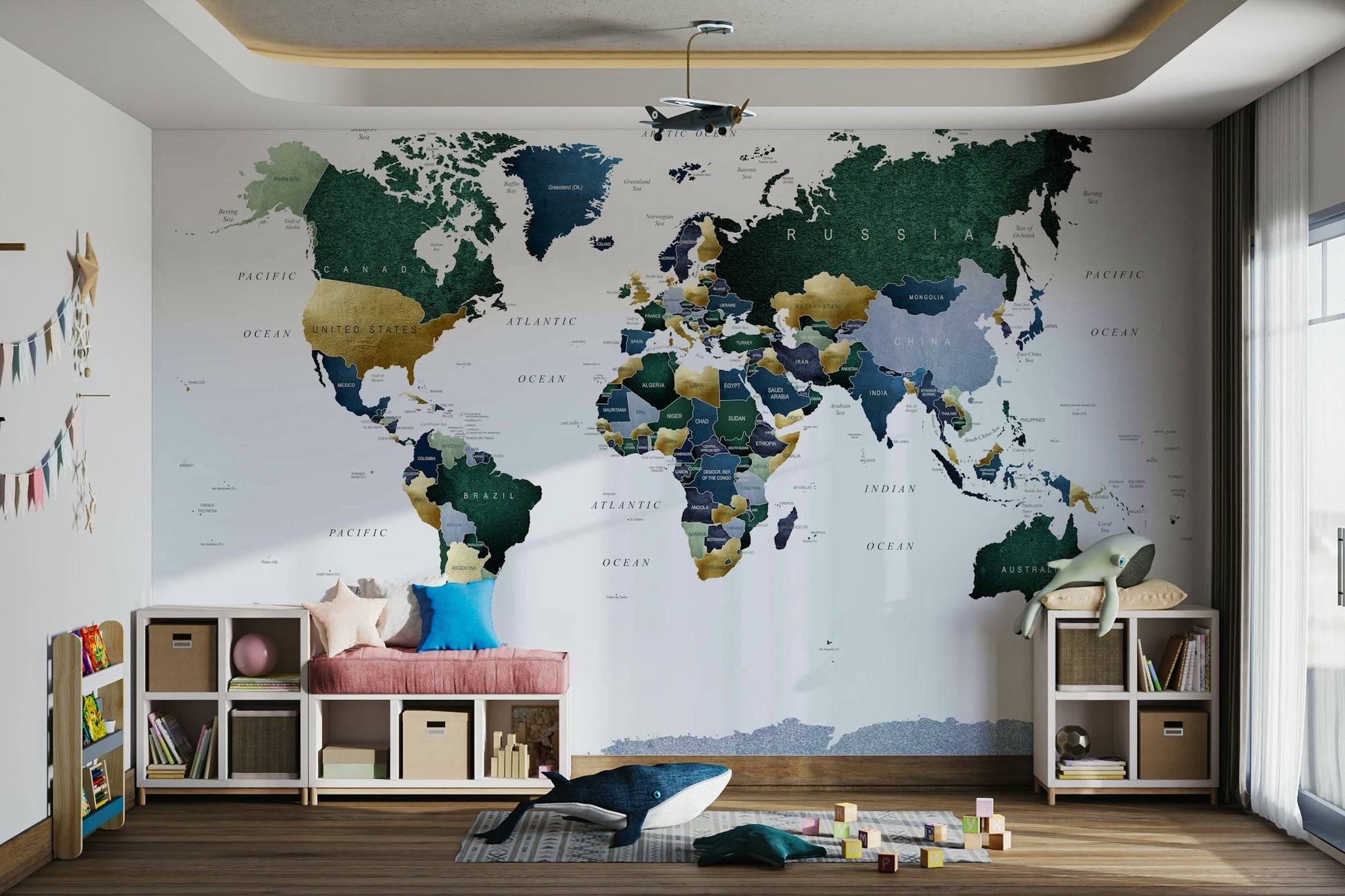 Green blue themed world map wall mural

