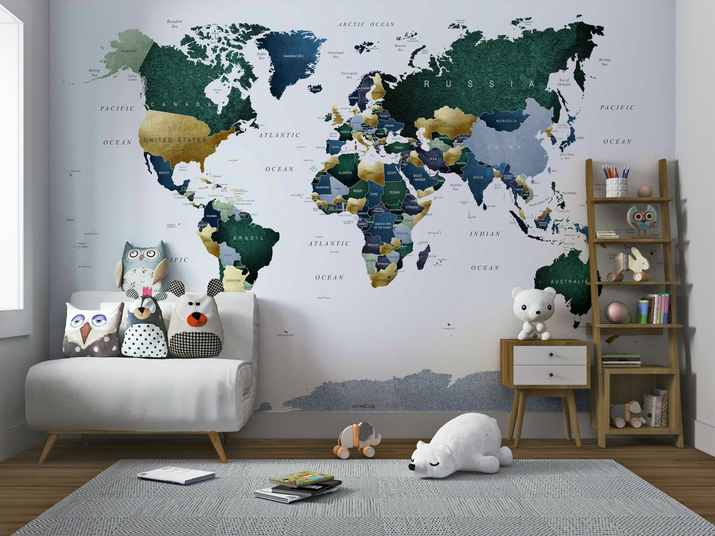 Detailed world map mural with green tones

