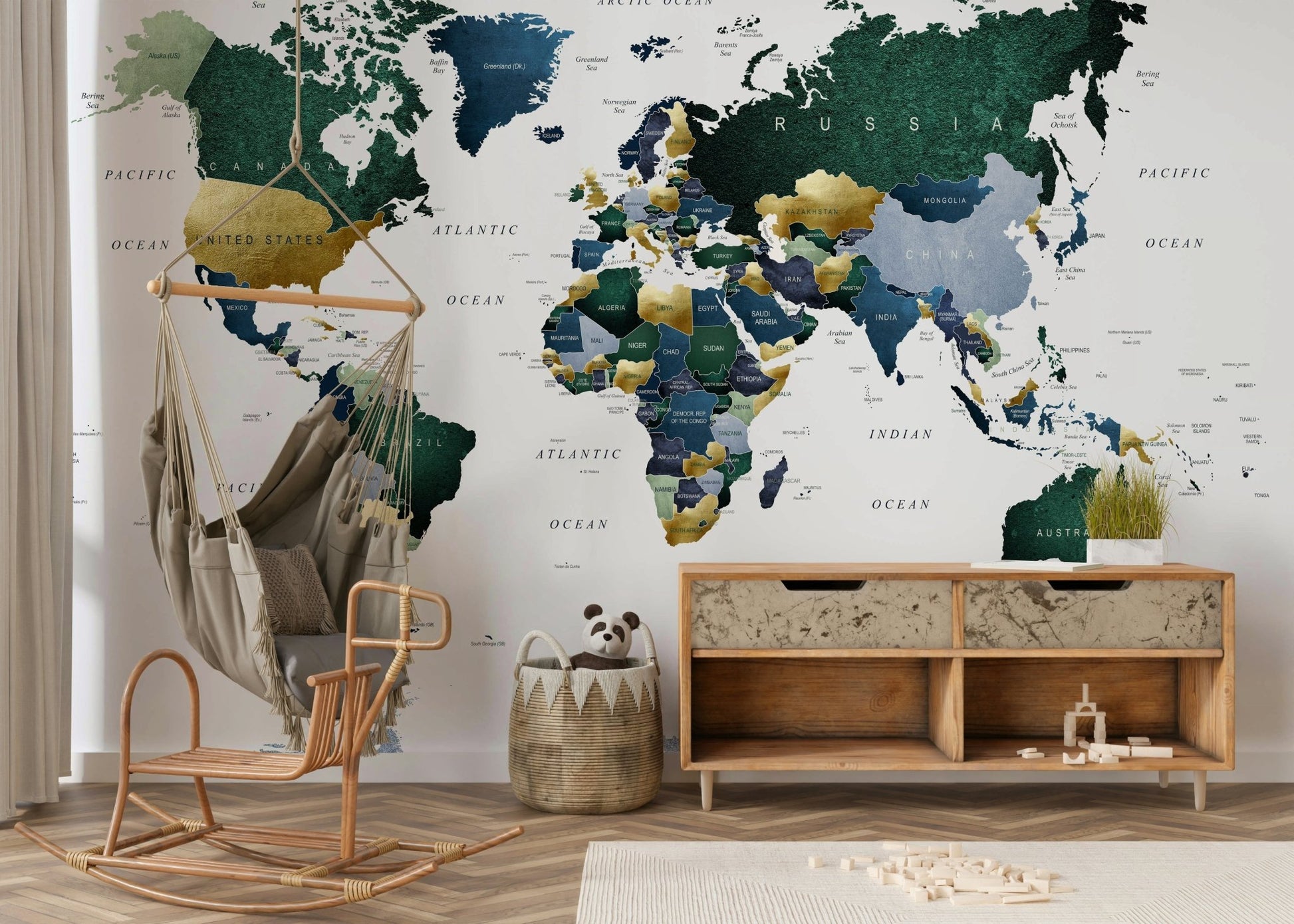 Green and blue world map for home decor