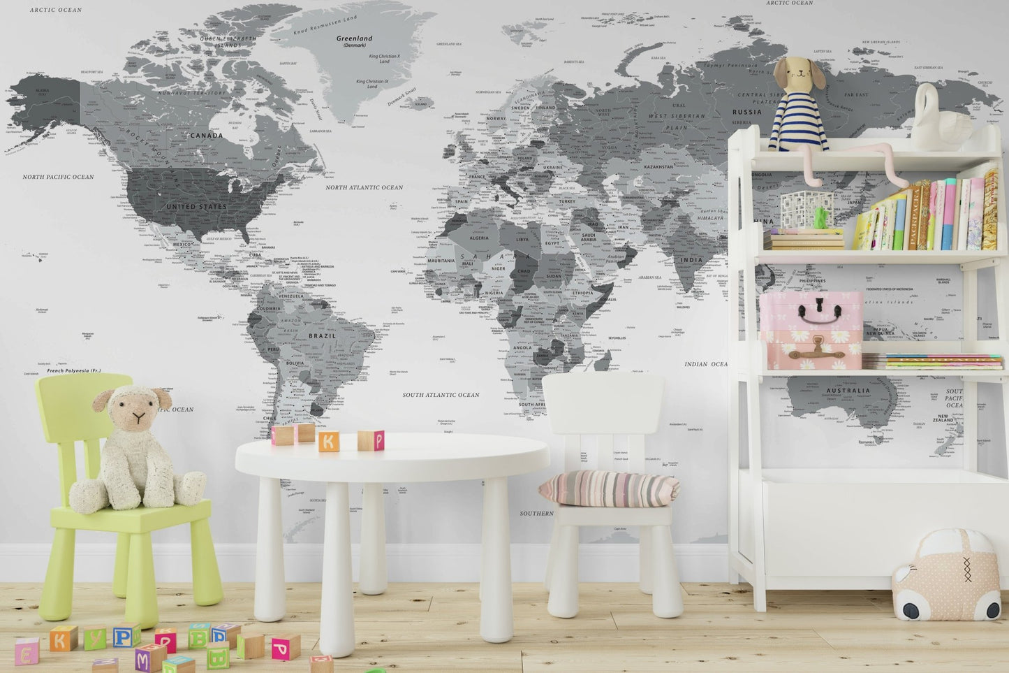 World map mural in grey with fine details

