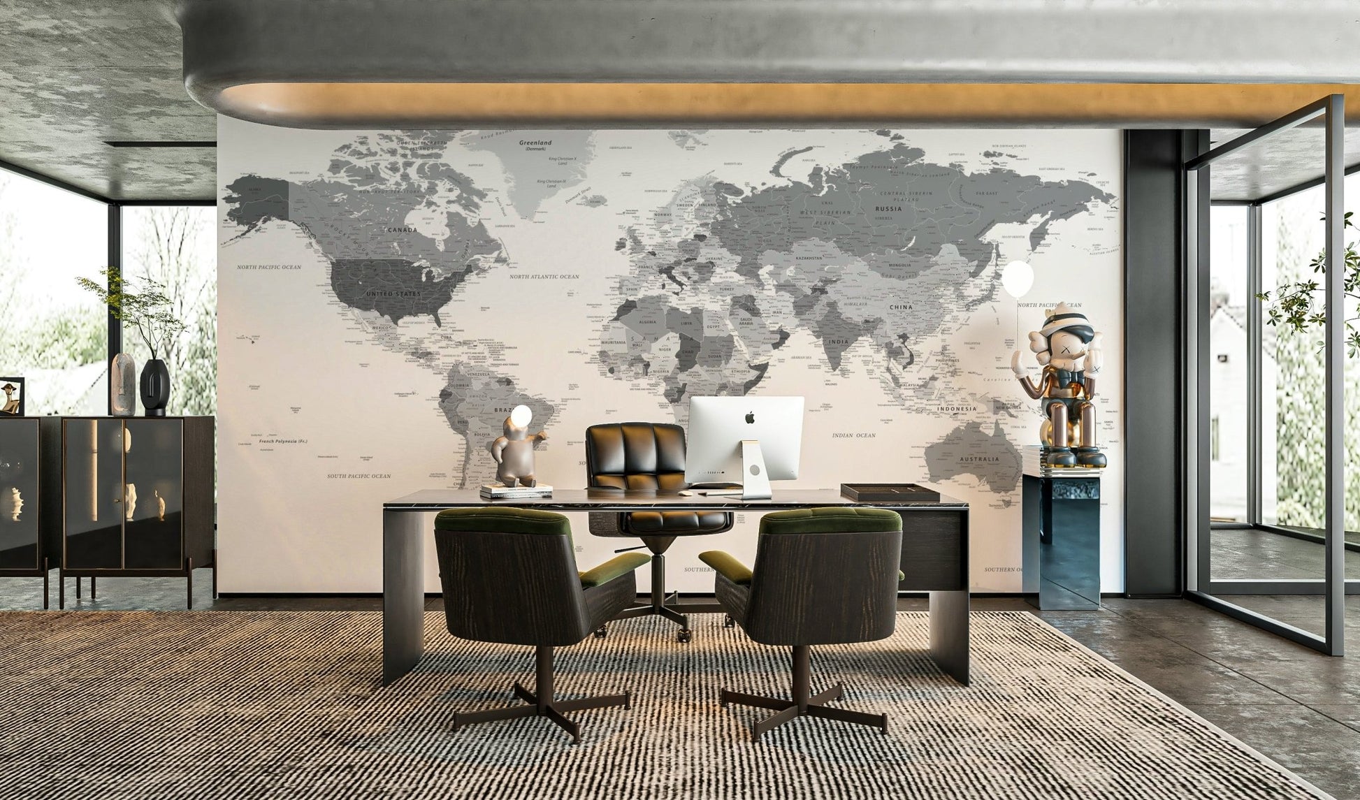 Grey world map mural for wall decoration