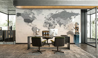 Grey world map mural for wall decoration