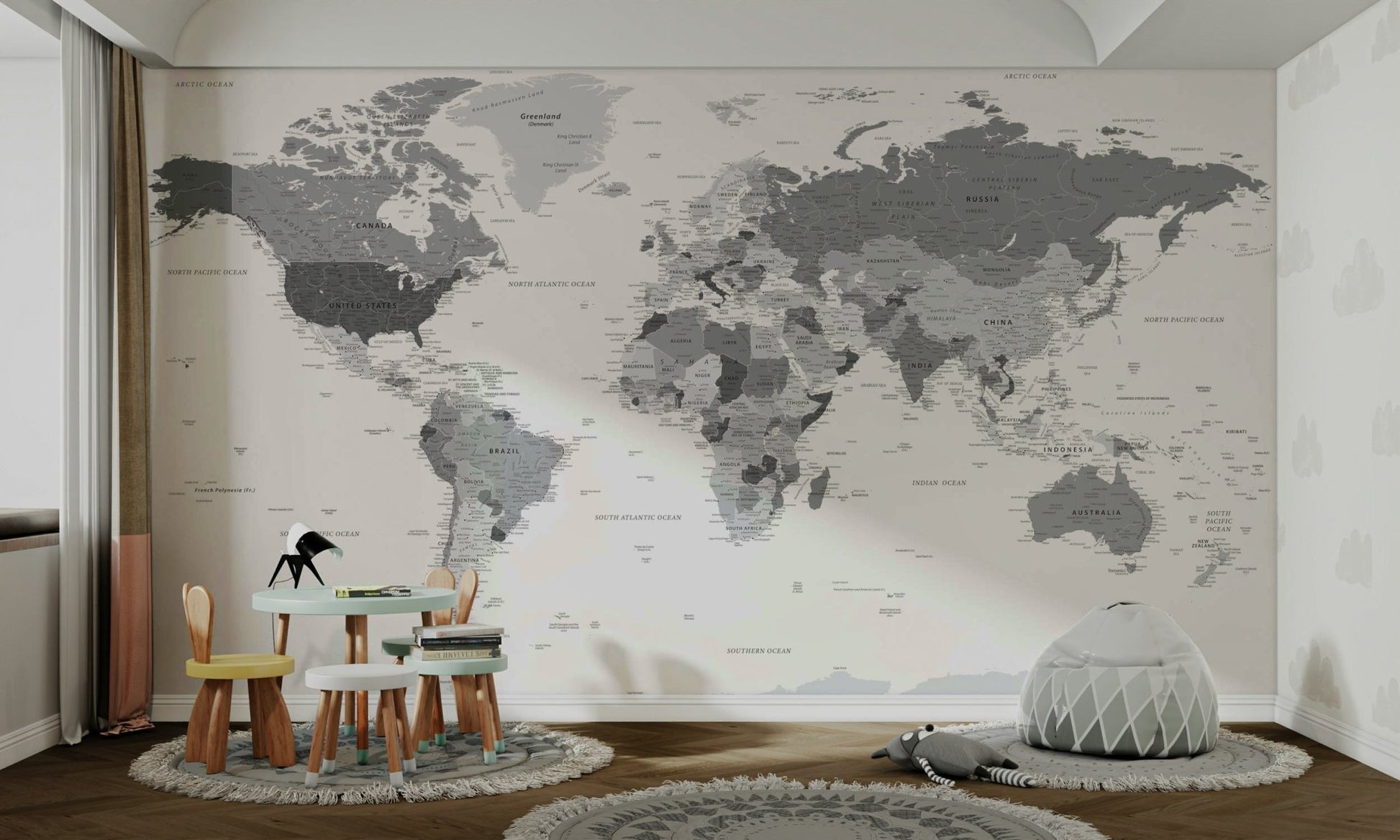World map mural in grey tones for walls


