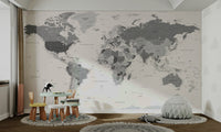 World map mural in grey tones for walls

