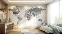 Detailed grey world map on wall mural
