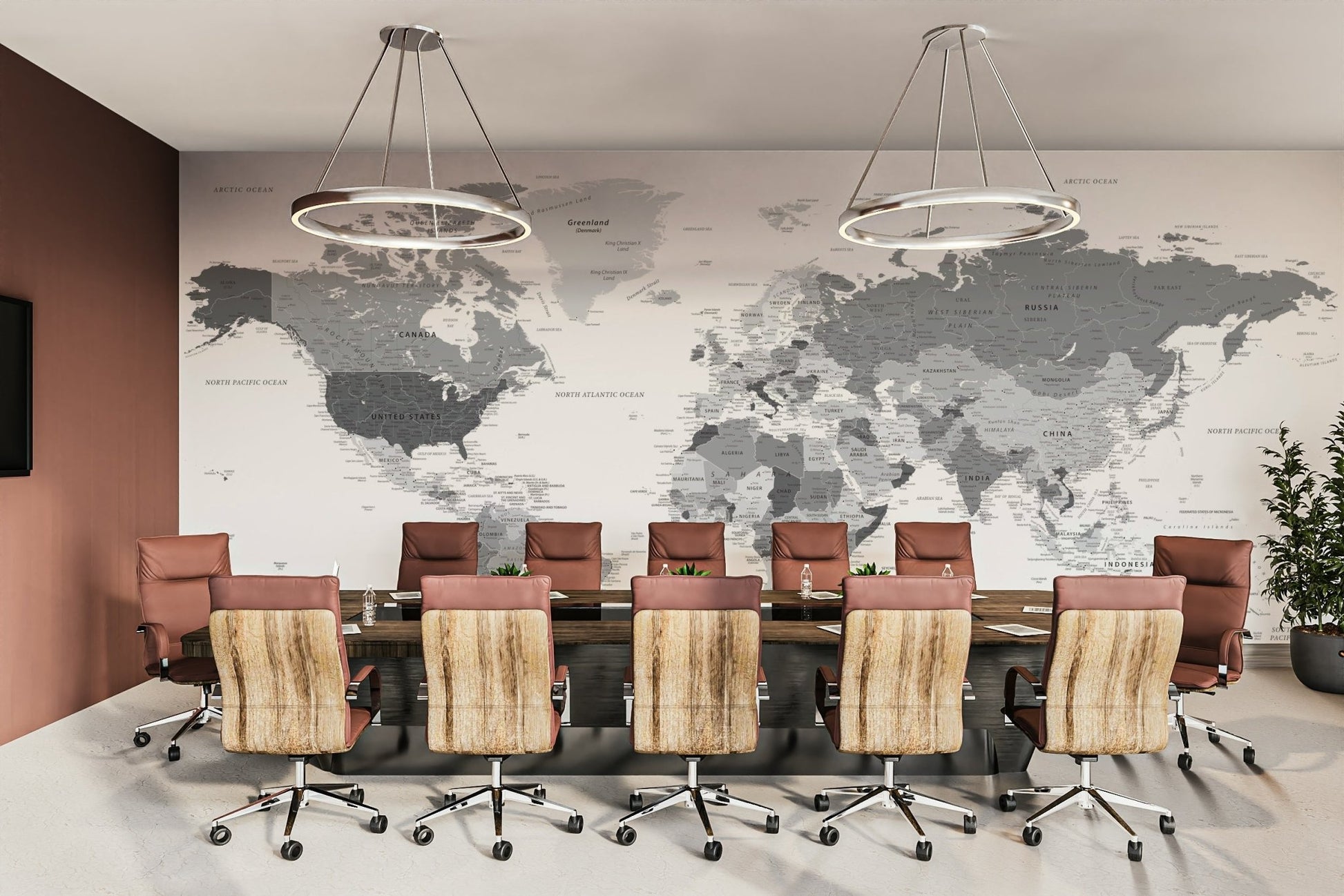 World map grey wall mural with details
