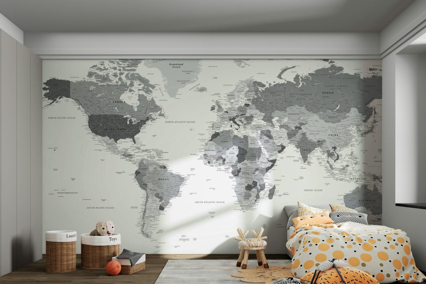 Detailed grey world map wall mural
