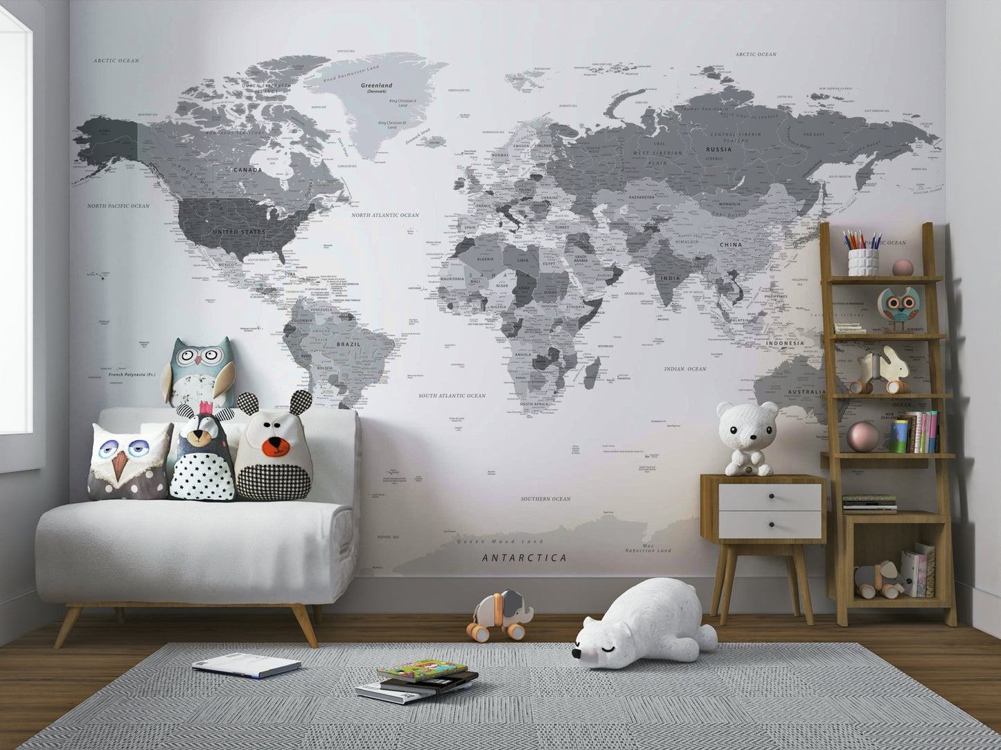 Grey wall mural of a detailed world map
