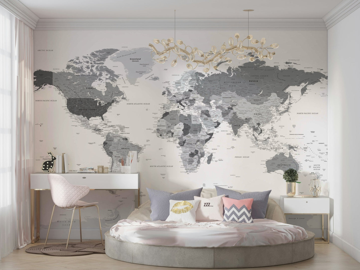 Stylish grey world map wall mural design