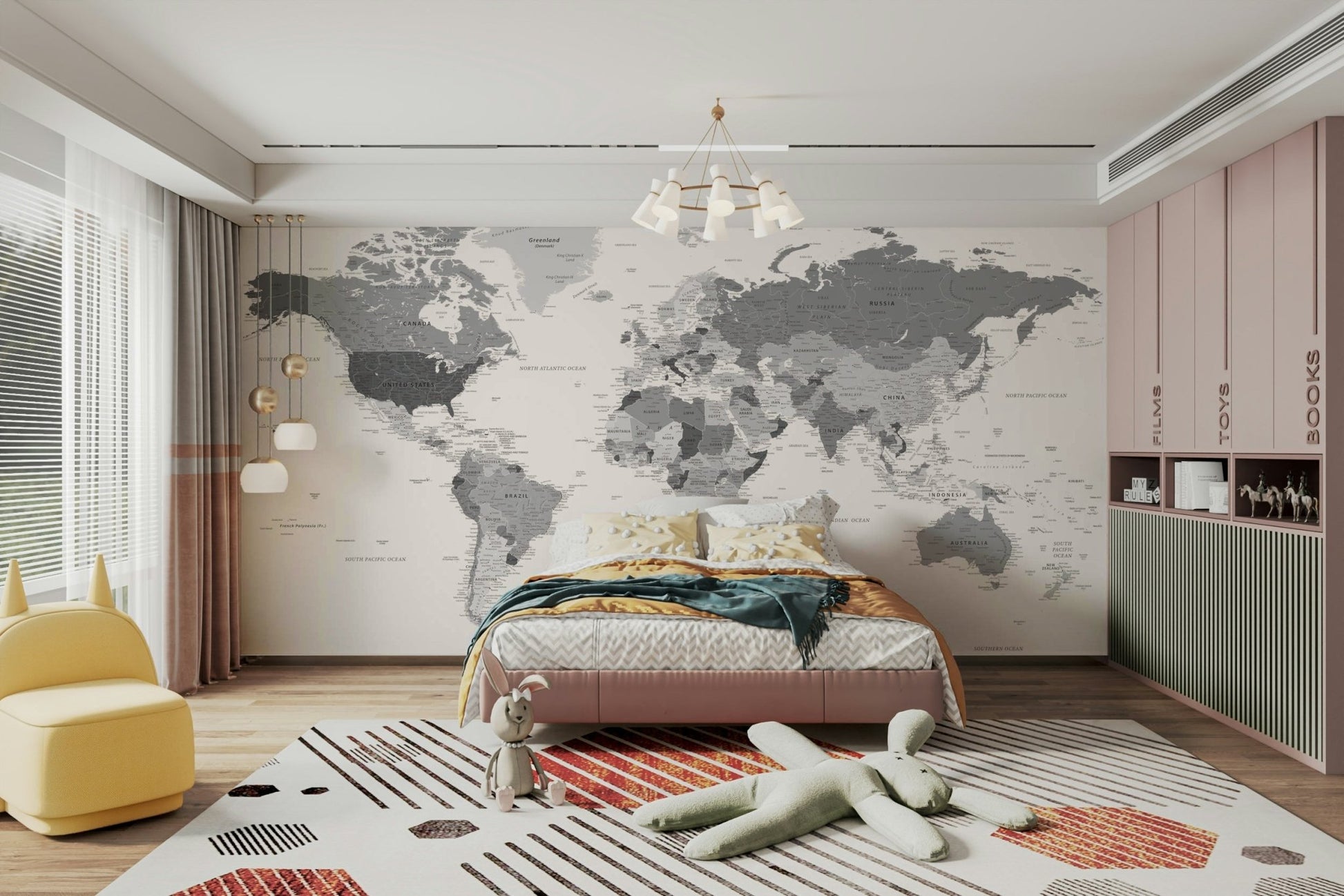 Highly detailed grey world map wall art