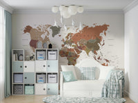 Classic study room with world map wallpaper

