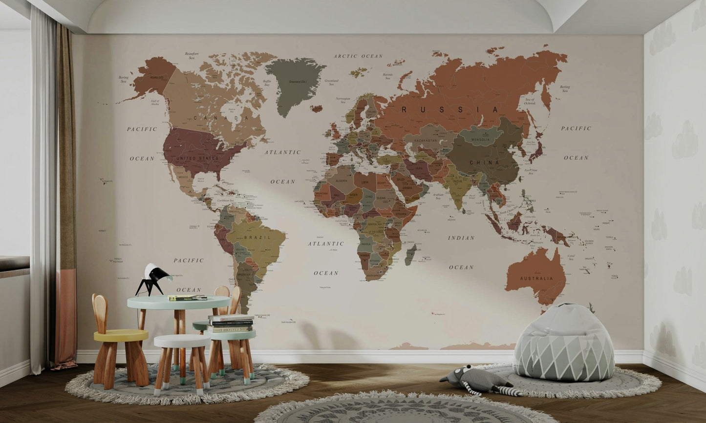 Geography wall mural with earth-inspired palette

