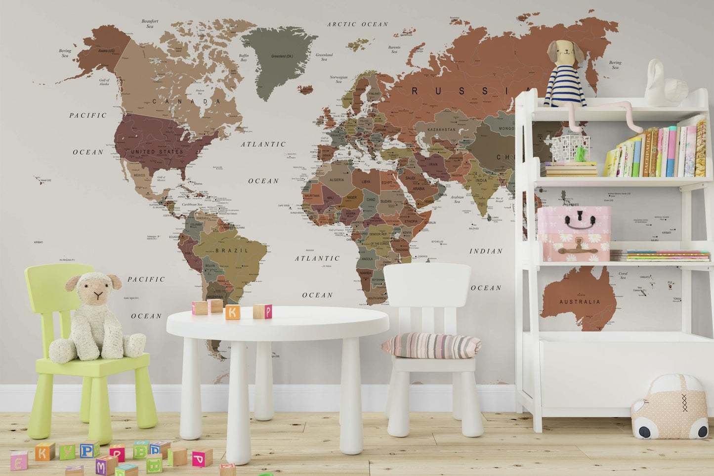 Vintage world map mural in natural tones

