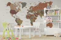 Vintage world map mural in natural tones

