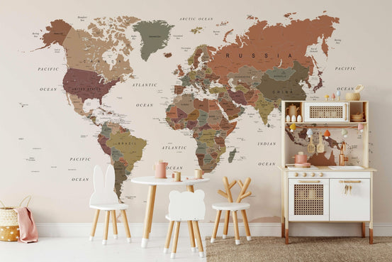 Earth tone world map mural wallpaper full view, GD2580