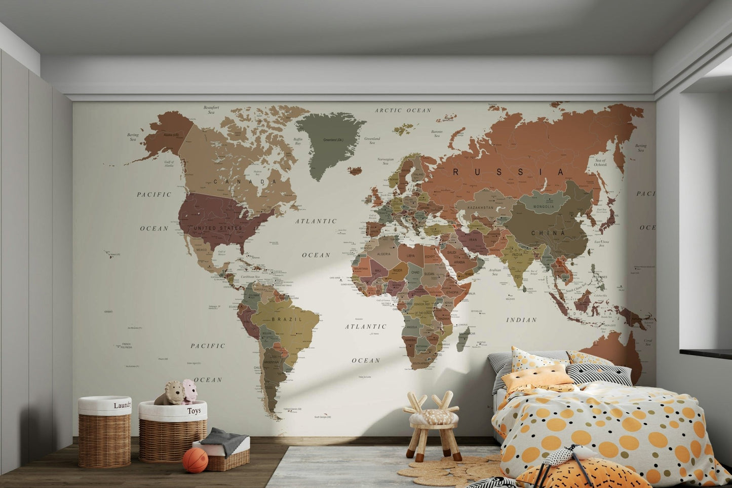 Neutral world map design for walls

